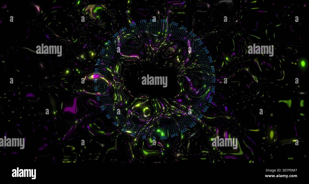 Rotating glowing ring forming dark void in digital plane with blue gauge, neon ripples Stock Photo