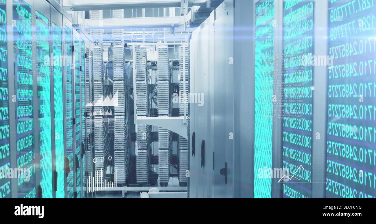 Showing centered server rack row running cyan LED code panels in data ...