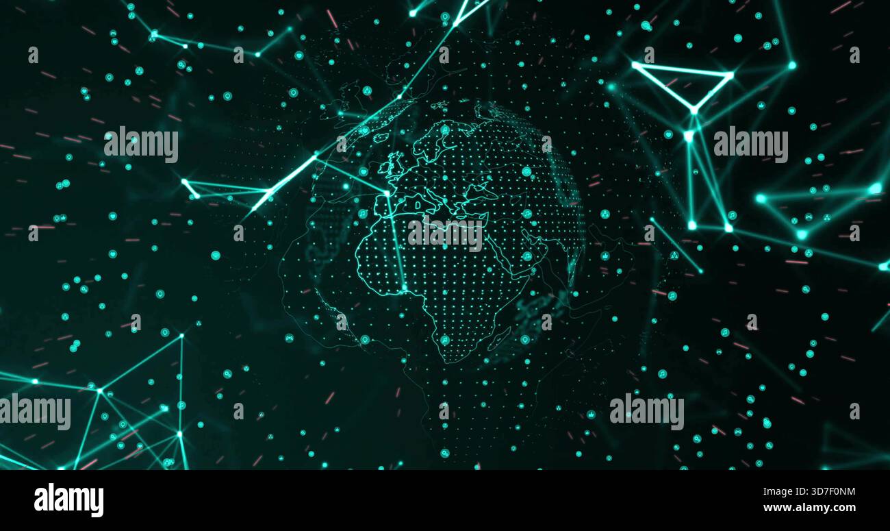 Rotating stylized dotted globe orbiting center-left in virtual 3D space, with mesh and nodes Stock Photo