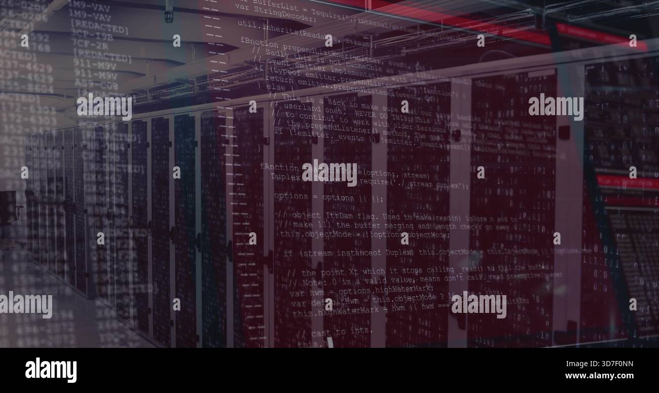Showing server racks and 19in cabinets lining data center aisle, with patch panels, cabling, ladder Stock Photo