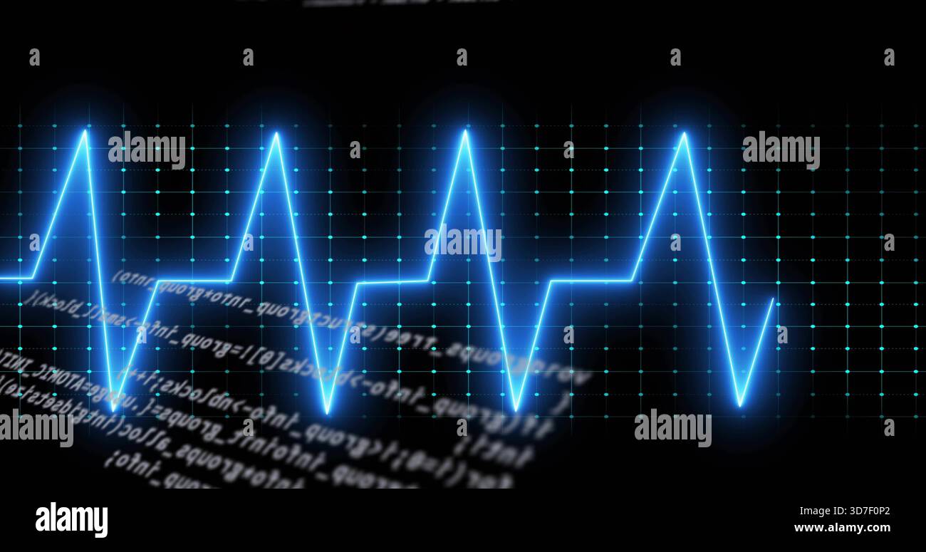 Displaying neon-blue waveform trace glowing across dark dashboard with teal dot grid, code Stock Photo