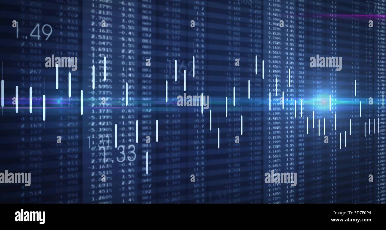 Displaying market chart centered on screen, showing candlestick bars, numeric grid, light streaks Stock Photo