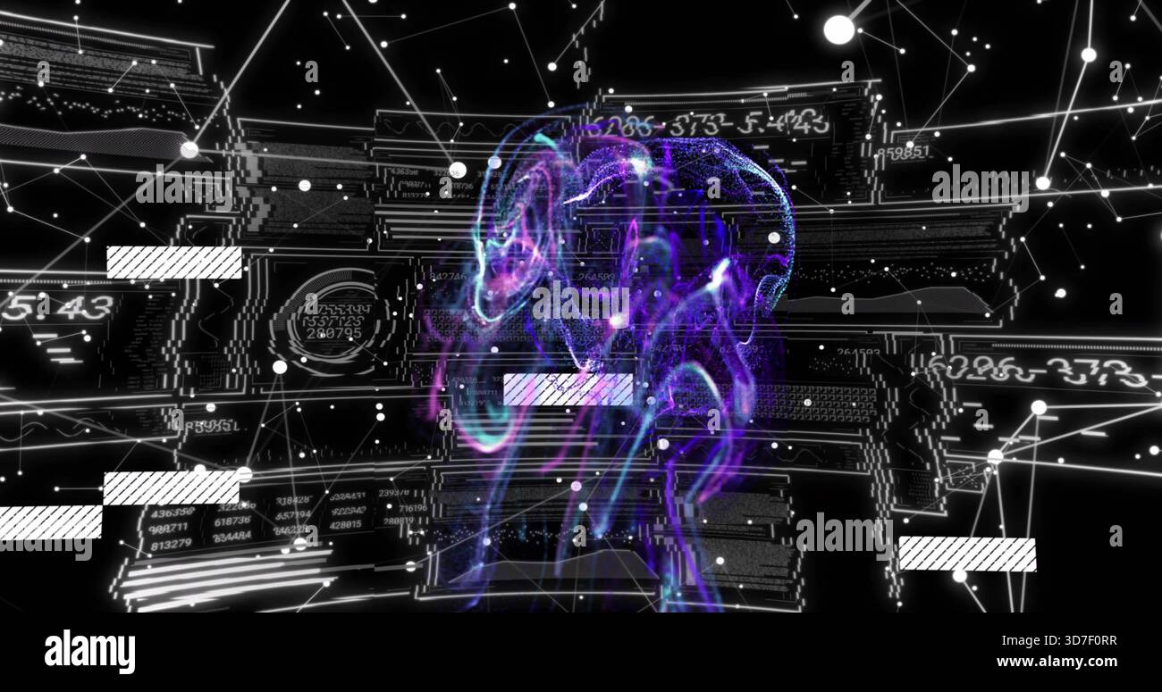 Glowing central brain-shaped nebula floating in virtual 3D space, with node network and data panels Stock Photo
