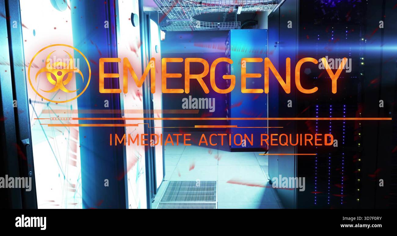 Dominating emergency alert graphic flashing across server aisle, with ...