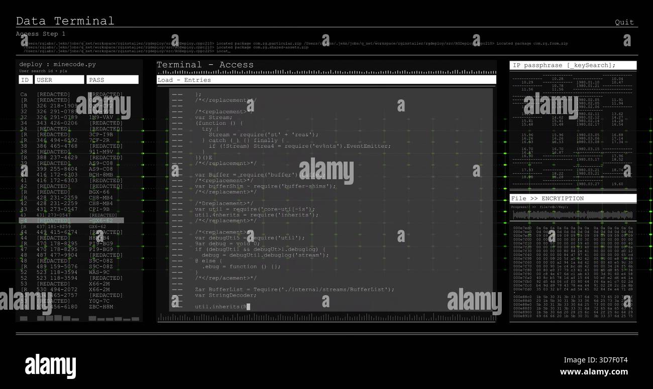 Showing Data Terminal UI on screen, with code editor, USER or PASS ...