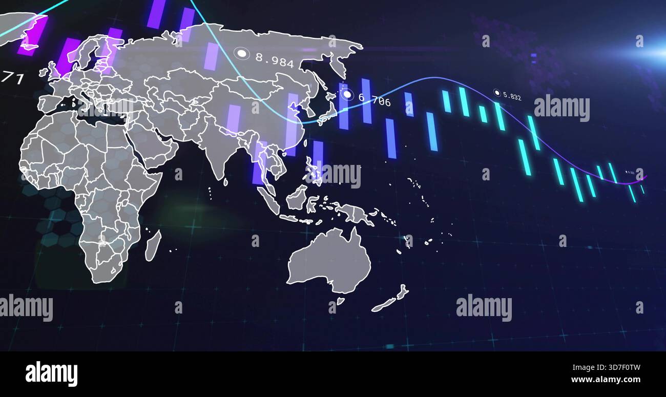 Displaying grey Eastern globe map over dark panel, showing neon bars, line graph, numeric markers Stock Photo