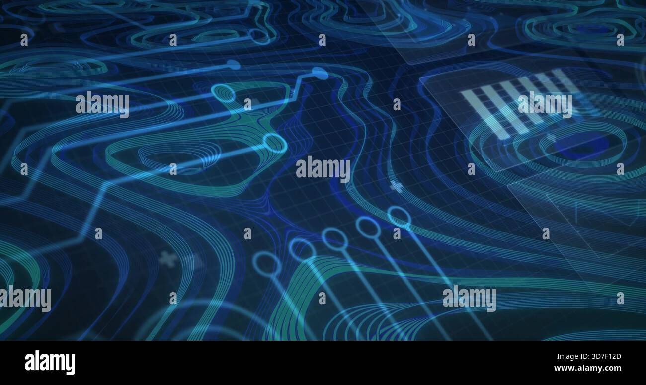 Displaying blue-teal topographic circuit visual on dark grid plane, with node markers and ring Stock Photo