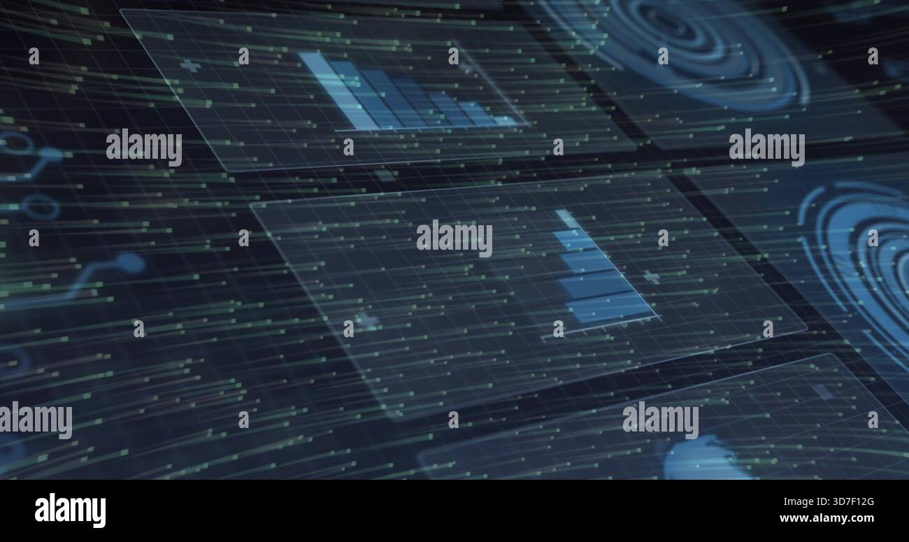Displaying translucent data panel centered in virtual dark workspace, showing blue bar charts Stock Photo