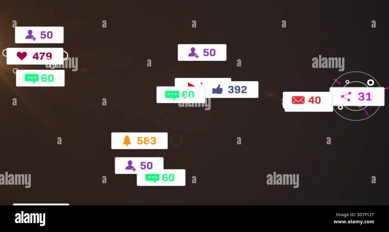 Floating cluster of notification badges hovering on dark UI overlay ...