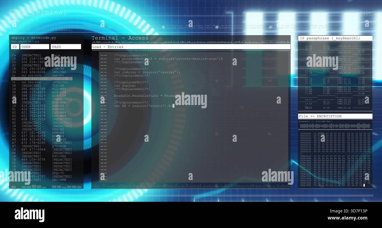 Displaying central terminal showing code and cursor on network GUI, with creds and hexdump panels Stock Photo
