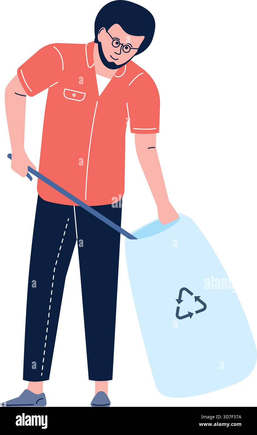 A man in a red shirt is holding a trash bag and a stick Stock Vector