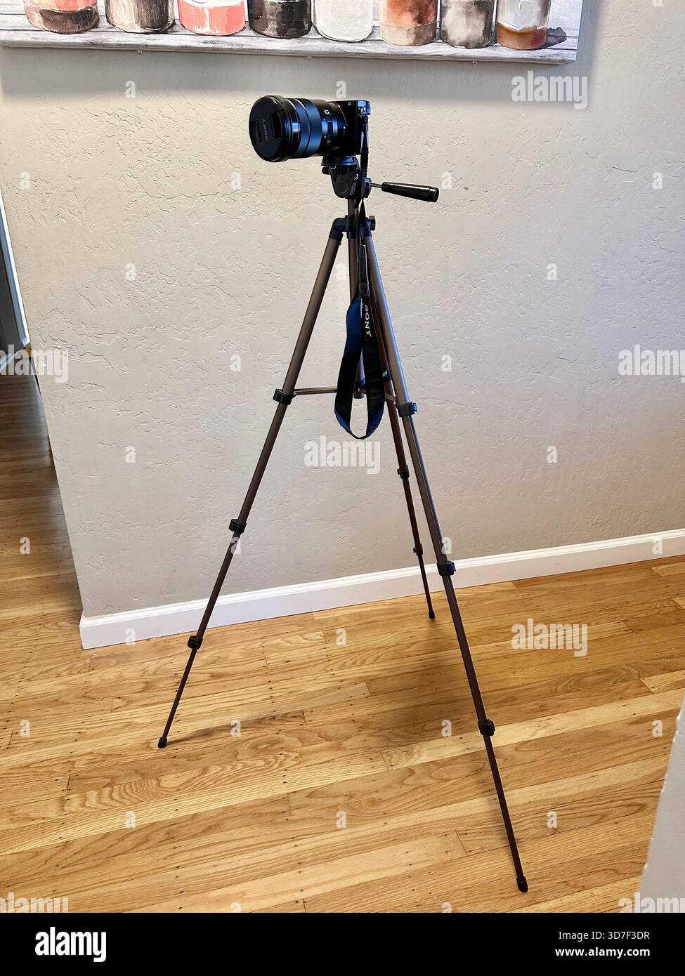 Sony Camera on Tripod Indoors - Smartphone Captured Stock Image
