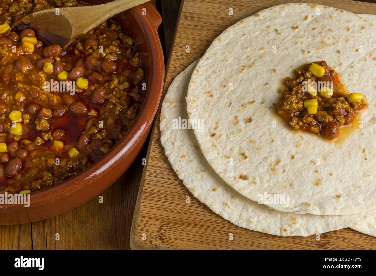 Chili con carne and Mexican tortillas Stock Photo
