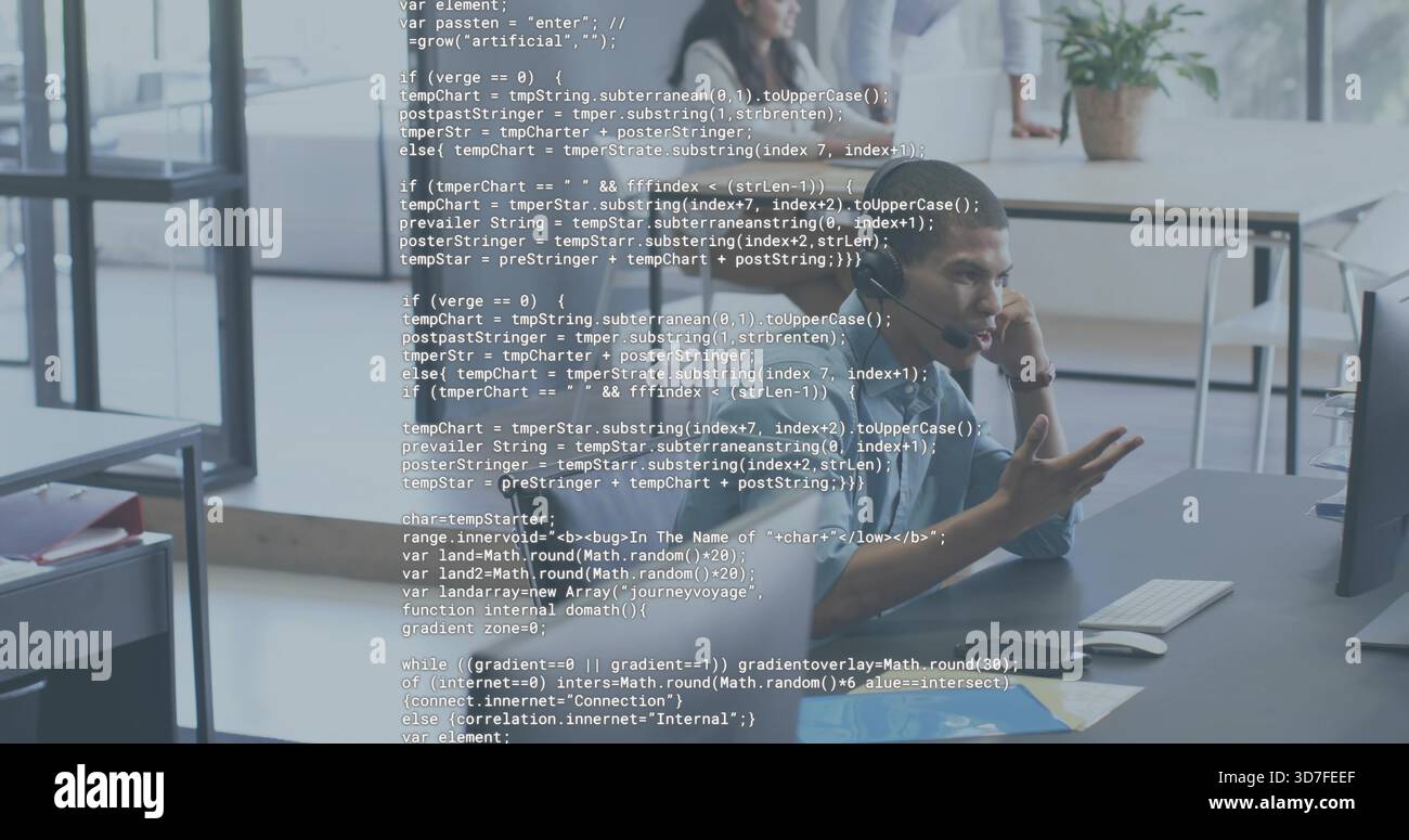Gesturing man in button-down shirt explaining code on monitor at open office, with code overlay Stock Photo