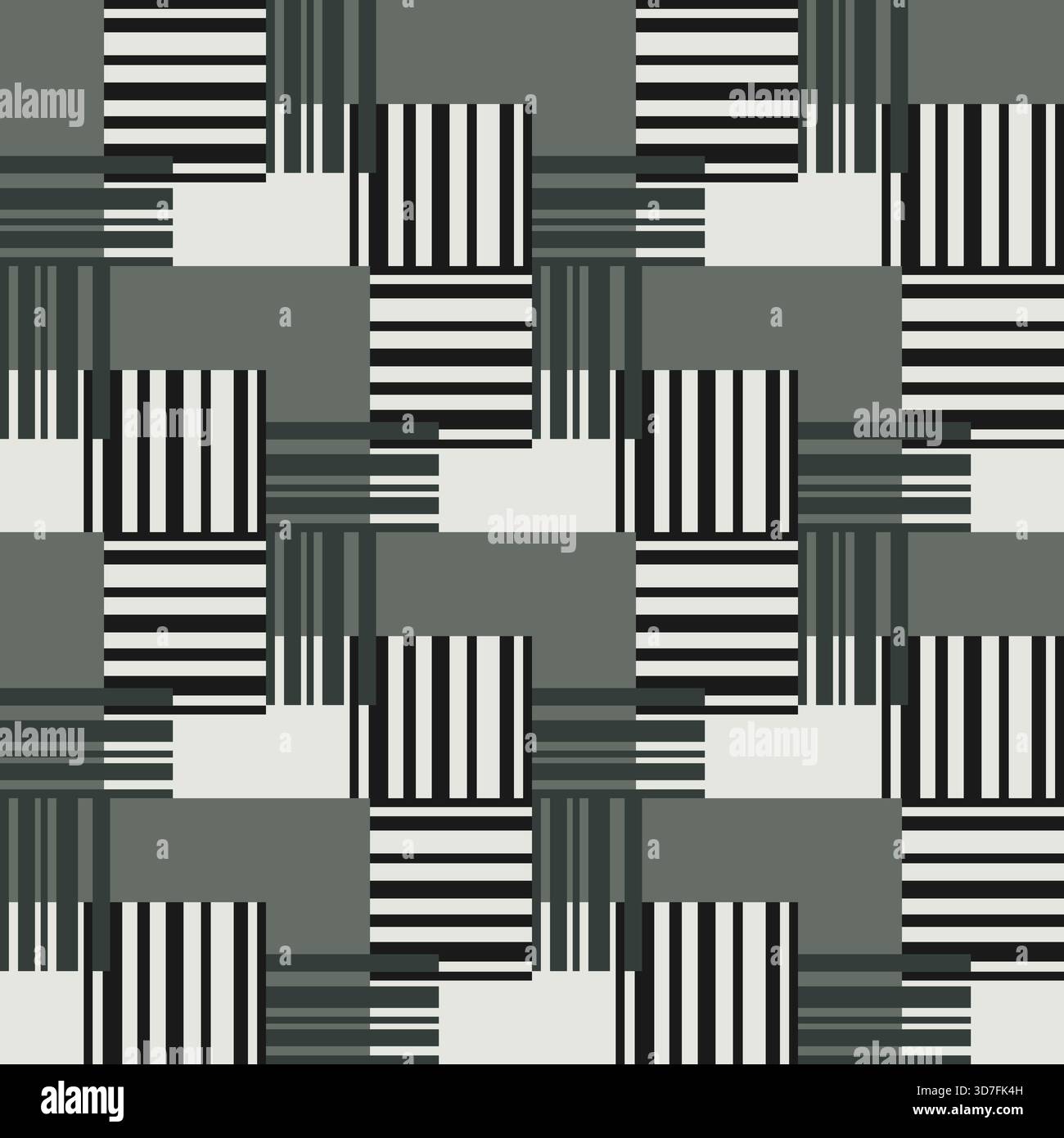 Abstract geometry zigzag seamless pattern. Rectangles and lines in shades of grey and green. Complicated texture background. Grid of intertwined strai Stock Vector