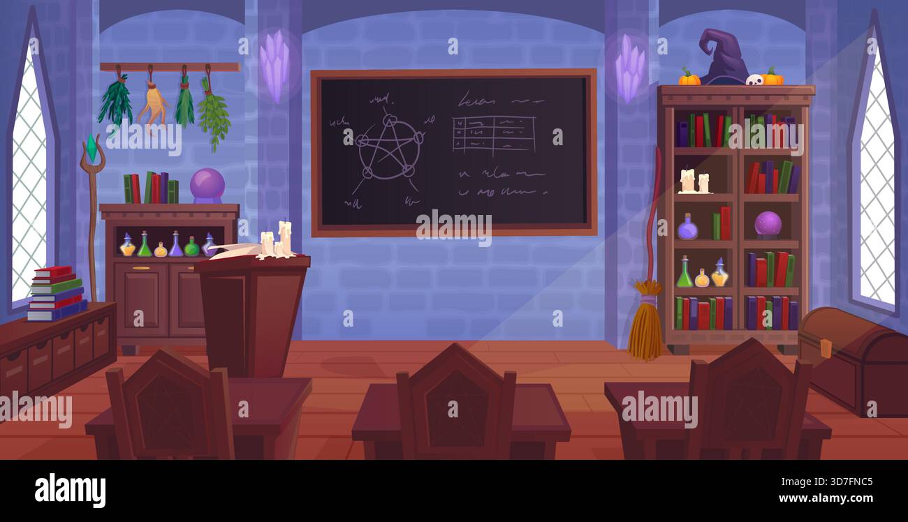 Magic Reading Classroom Magic school interior. Wizard classroom cartoon scene. Vector ...