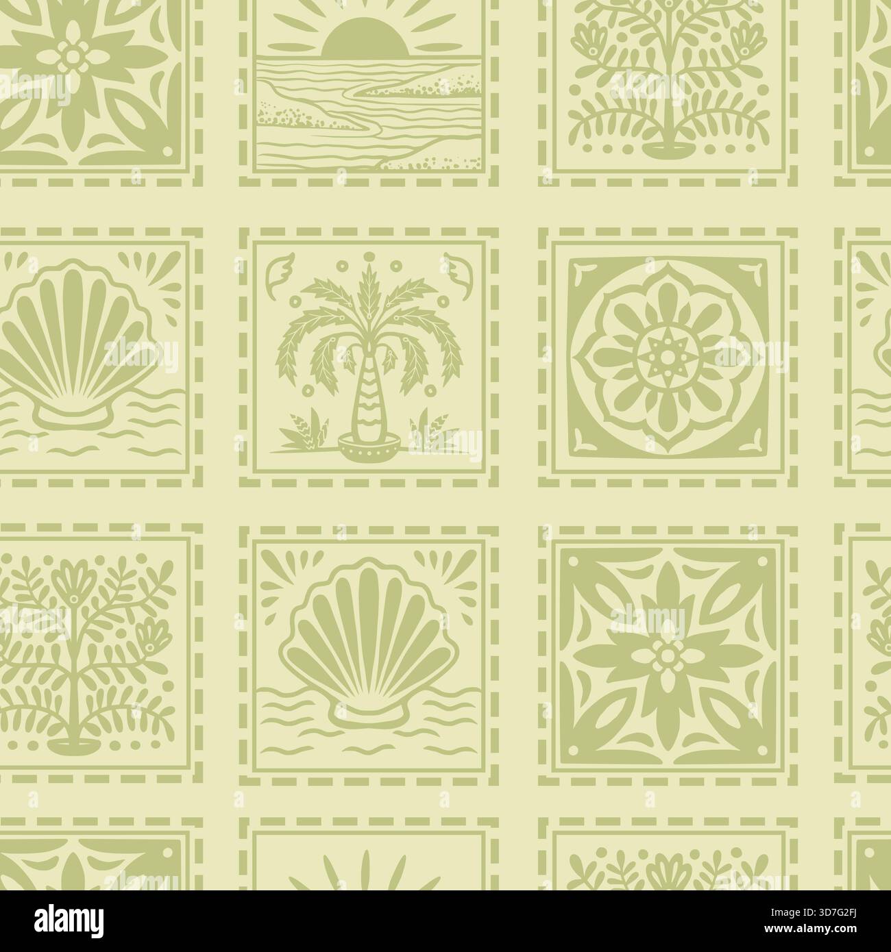 Tropical frame seamless pattern with palm tree seashell sun ocean tile ...