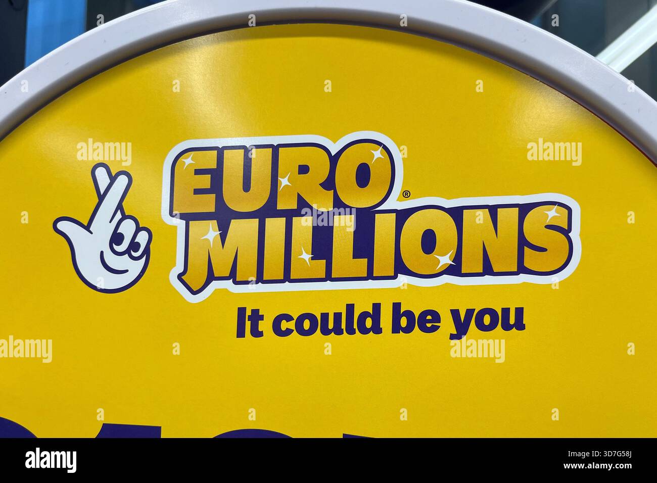 National Lottery EuroMillions Sign in a supermarket. Cardiff, Wales, United Kingdom. 25th November 2025. - Smartphone Captured Stock Image