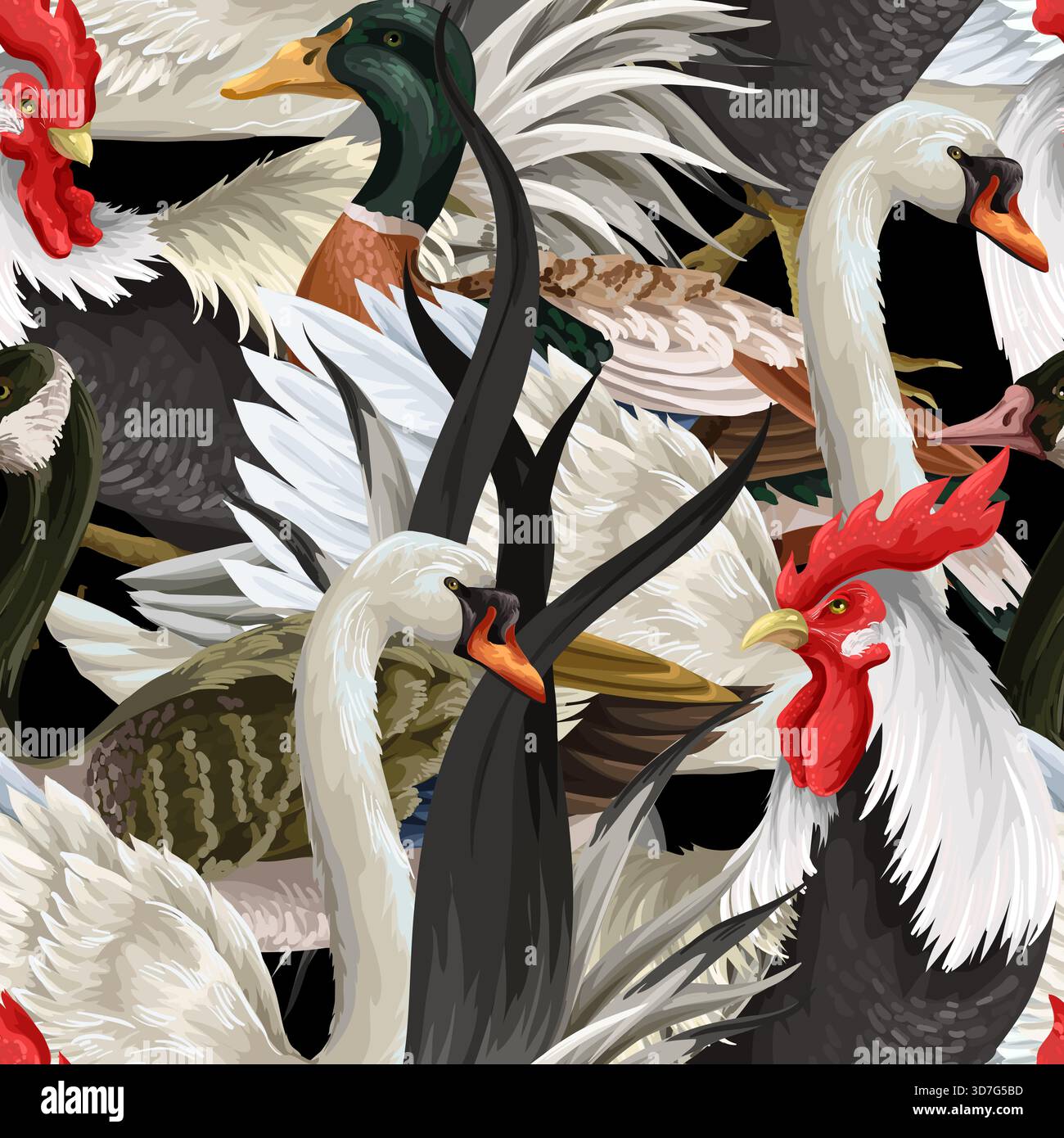 Seamless pattern with roosters, swan and duck. Vector. Stock Vector