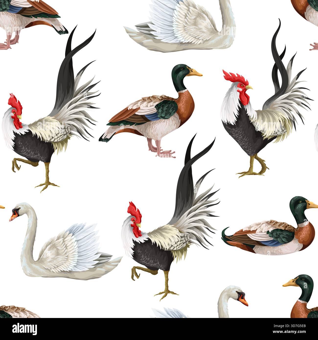 Seamless pattern with roosters, swan and duck. Vector. Stock Vector
