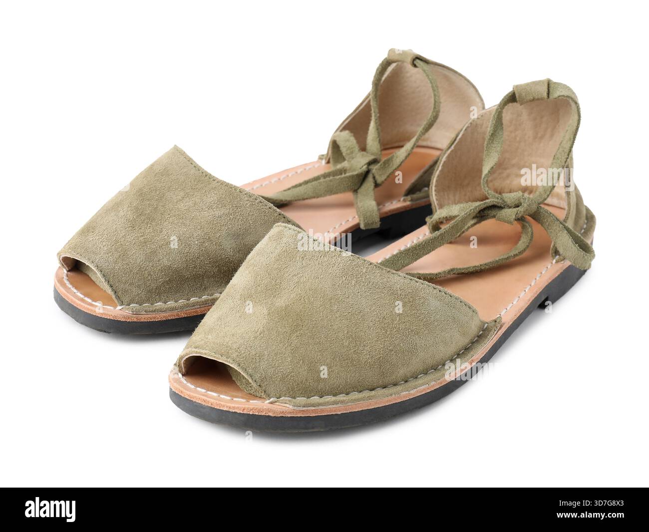 Pair of stylish khaki shoes isolated on white Stock Photo