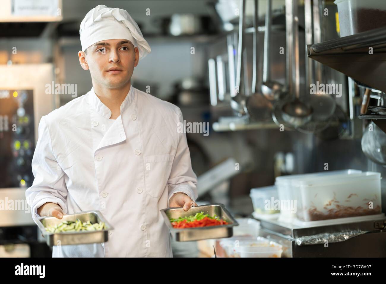 Young male chef prepares dish in restaurant kitchen Stock Photo