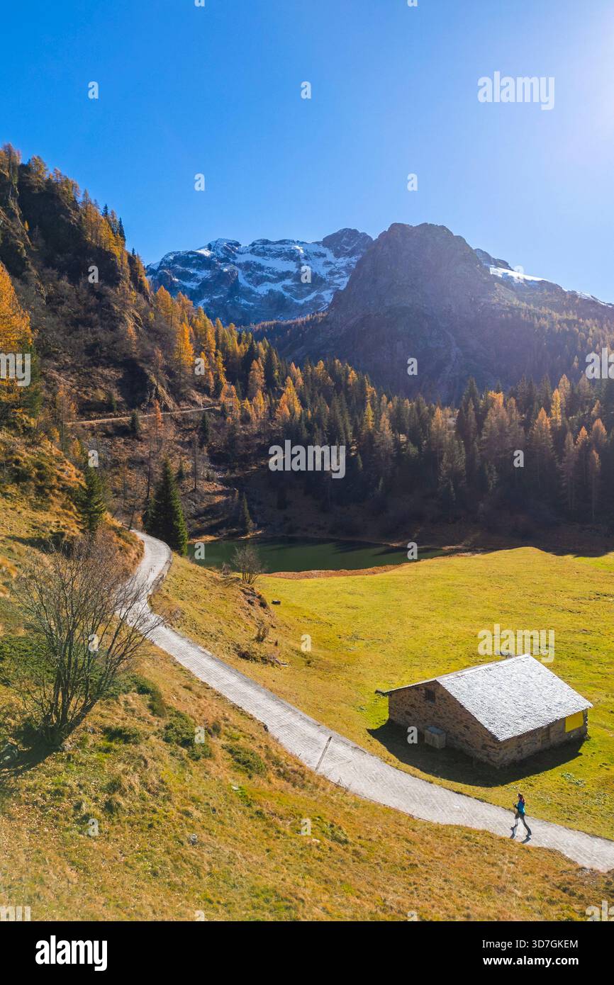 Aerial view of the Lago Rotondo surroundings with the trail to rifugio Calvi. Carona, Val Brembana, Alpi Orobie, Bergamo, Bergamo Province, Lombardy, Stock Photo