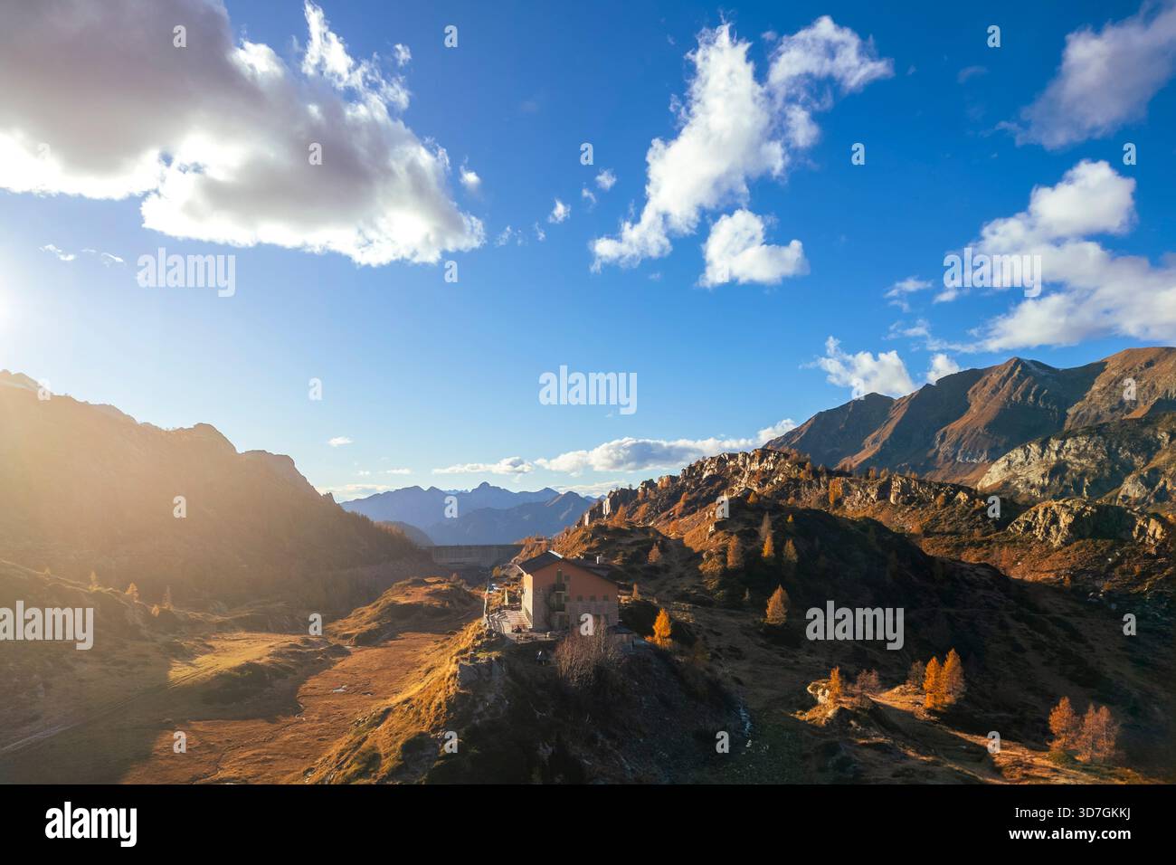 Aerial view of the Rifugio Calvi in autumn at sunset. Carona, Val Brembana, Alpi Orobie, Bergamo, Bergamo Province, Lombardy, Italy, Europe. Stock Photo