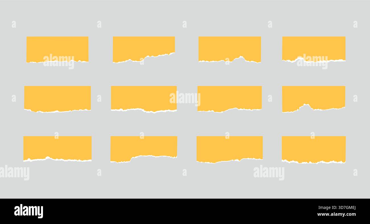 Vector paper pieces with torn edges. Set of different yellow, rectangular ripped stickers Stock Vector