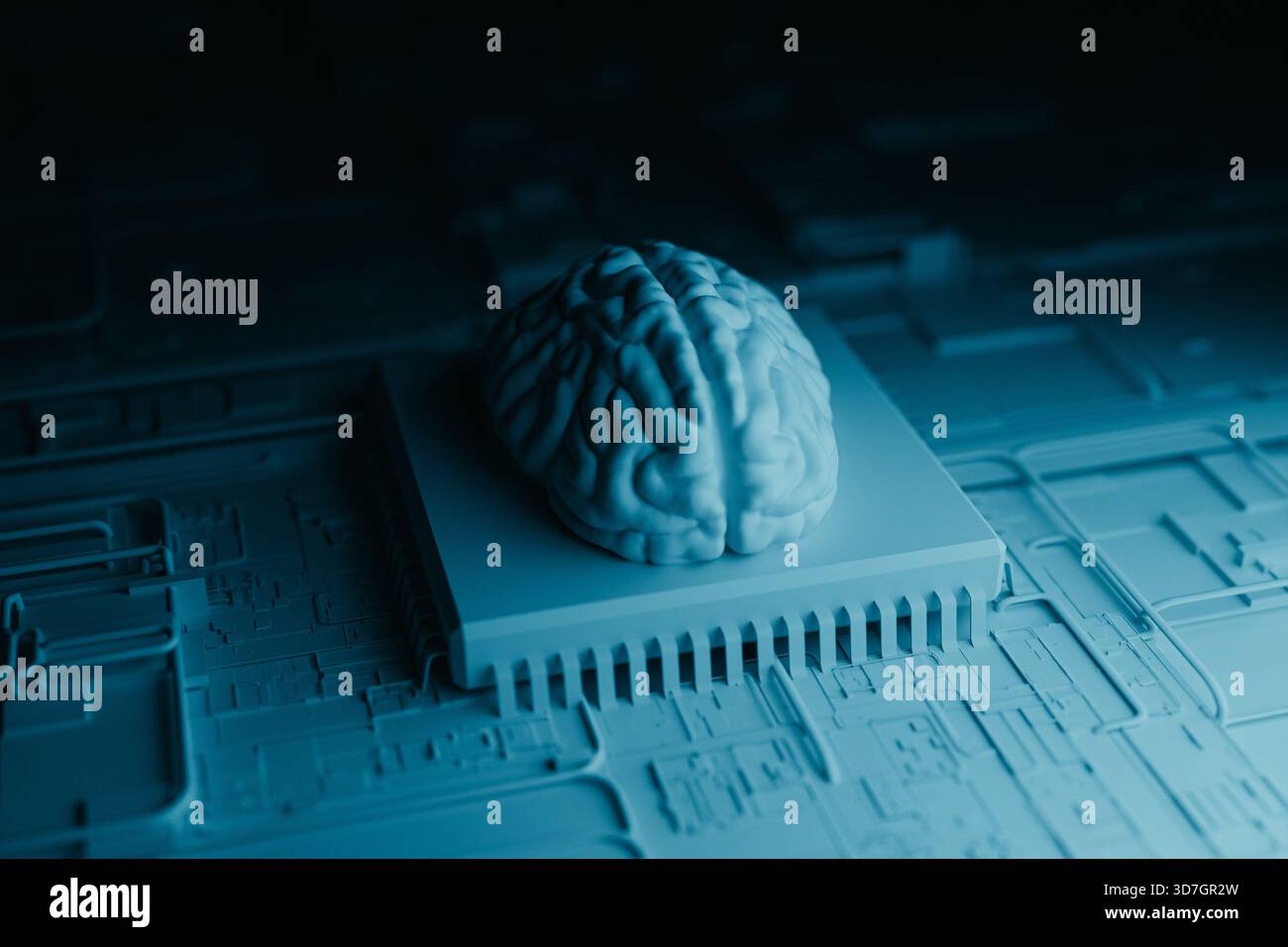 Neuromorphic Computing Brain On Microchip Processor AI Technology. 3d rendering Stock Photo