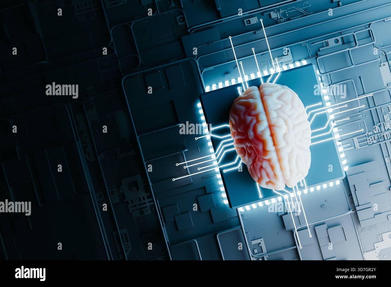 Neuromorphic AI Brain On Microchip Processor Copy Space. 3d rendering Stock Photo