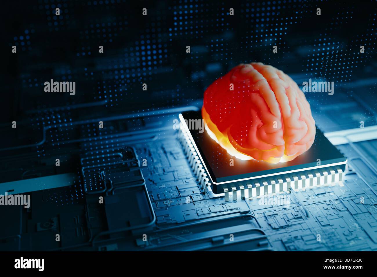 Neuromorphic AI Brain On Microchip Processor Copy Space. 3d rendering Stock Photo