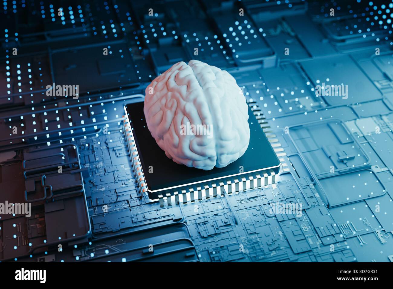 Neuromorphic AI Brain On Microchip Processor Copy Space. 3d rendering Stock Photo