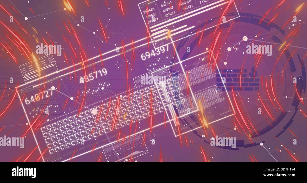 Displaying clear wireframe keyboard, floating data panels in virtual HUD, showing numeric readouts Stock Photo