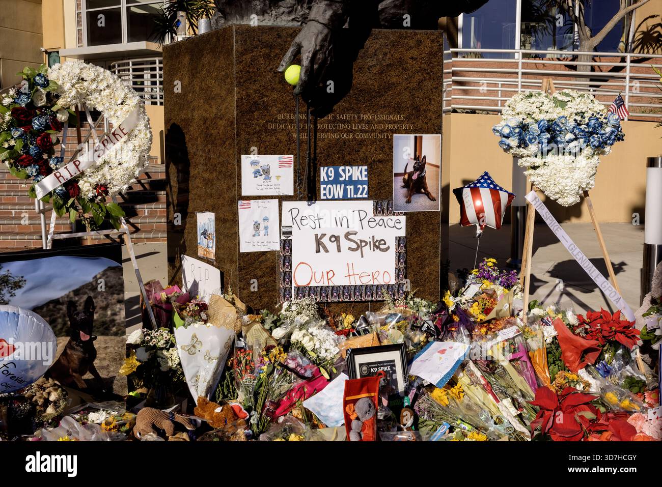 A growing memorial for “Spike,” a fallen Burbank Police K-9, has taken ...