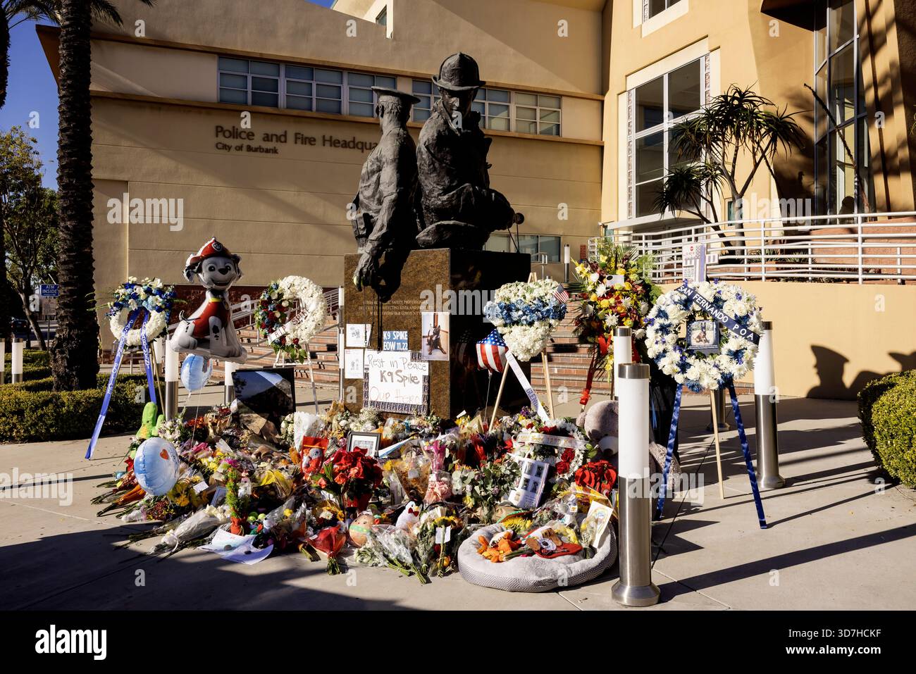 A growing memorial for “Spike,” a fallen Burbank Police K-9, has taken ...