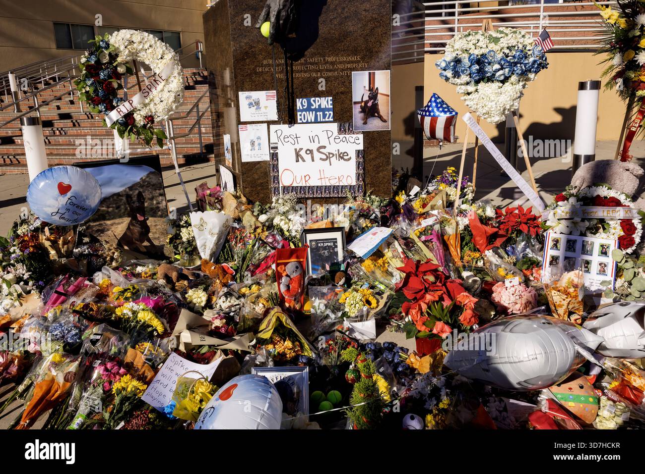 A growing memorial for “Spike,” a fallen Burbank Police K-9, has taken ...