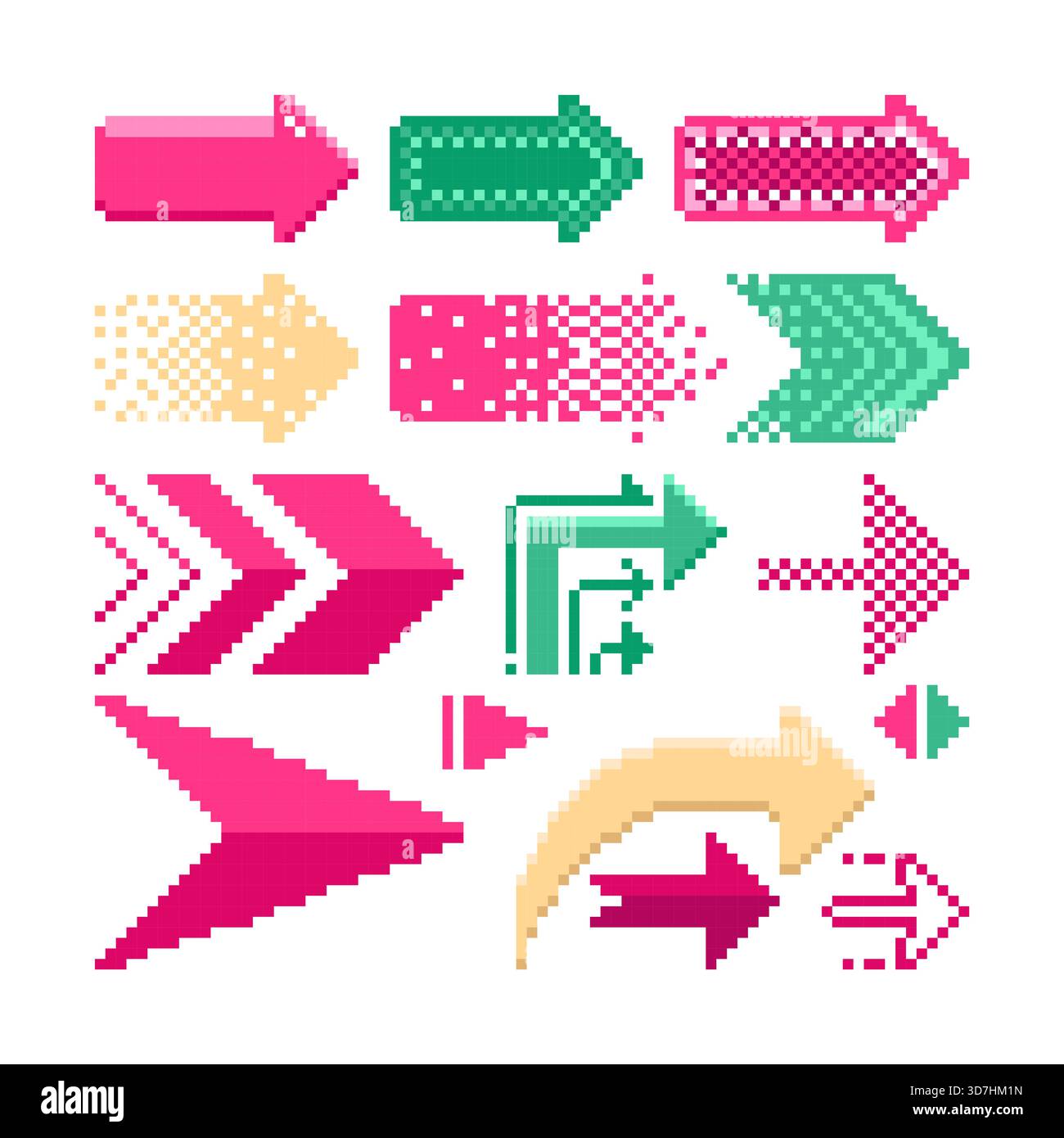 Set collection of Arrow pixel in classic game or graphic on white background. Stock Vector