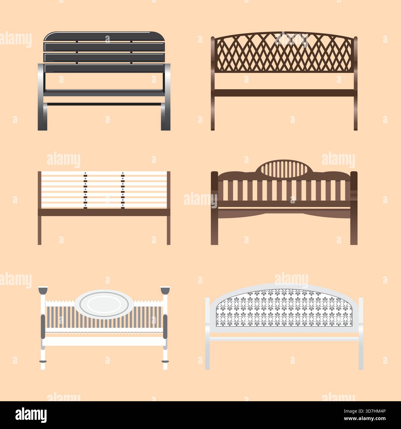 Collection of outdoor benches from different on cream background Stock ...