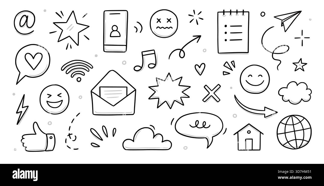 Emoji media hand drawn doodle icon set. Internet conversation, media ...