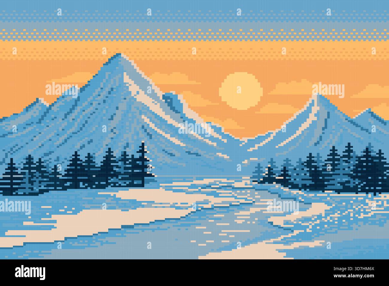 Mountain scene, river, pine trees with sunlight in winter, Pixel style. Stock Vector