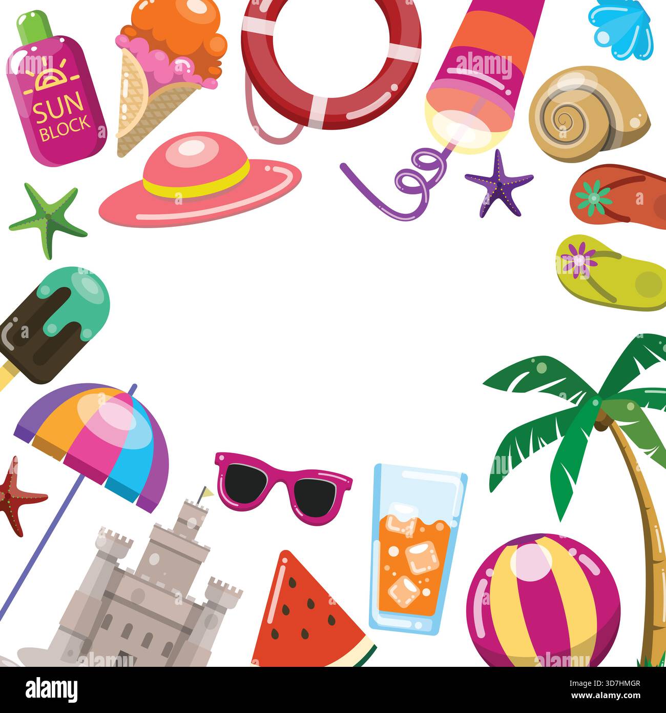 A vibrant summer-themed border frame illustration featuring a variety ...