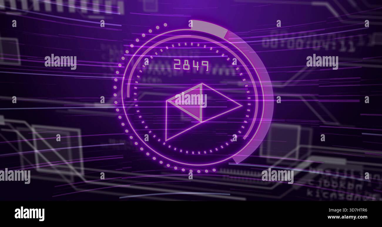 Animating central HUD pulsing dotted ring, envelope, progress arc and numeric 2849 in cyberspace Stock Photo