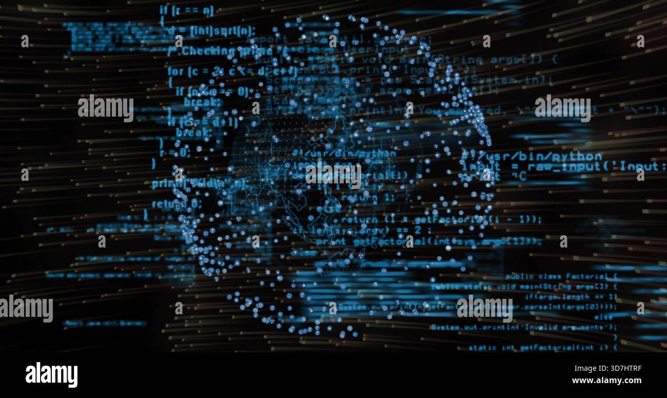 Pulsing blue data-point globe rotating in virtual space, streaming source-code text and streaks Stock Photo