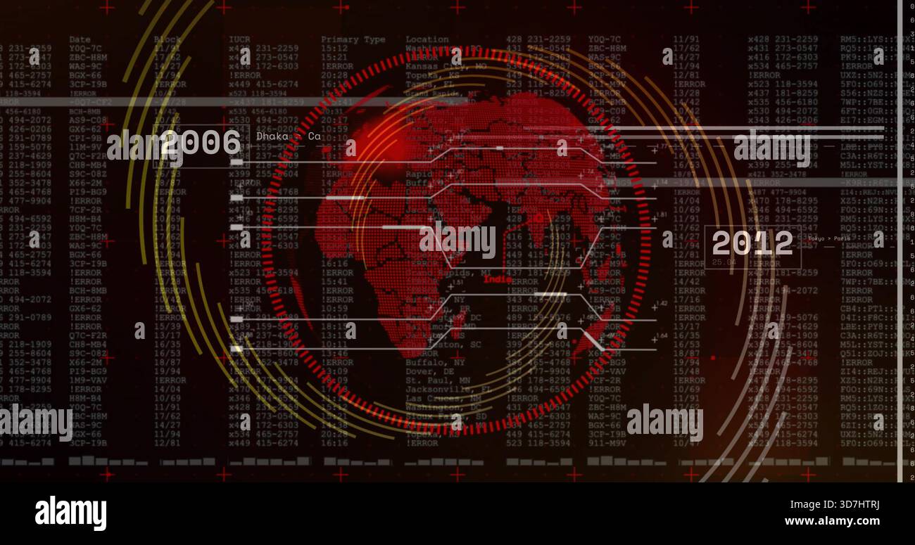 Displaying stylized red globe rotating on digital dashboard, with concentric rings and data Stock Photo