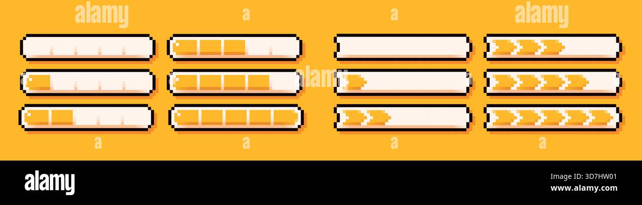 Energy yellow live bars in two different shapes drawn in pixel art 8 bit style. Stock Vector