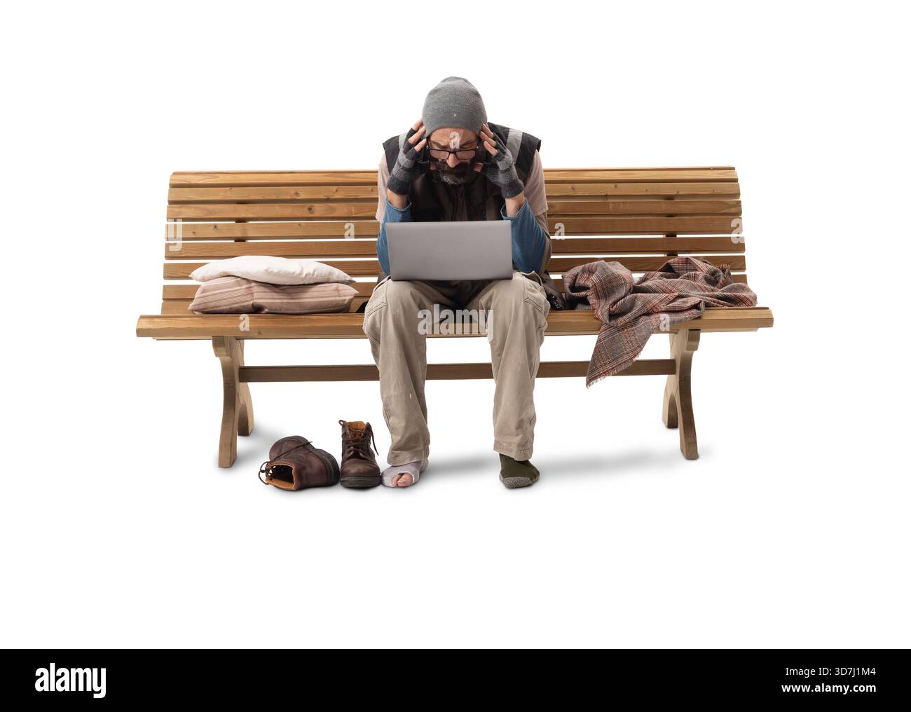 Homeless Man Using Computer Icon A desperate homeless man sitting on a bench with his head in hands ...