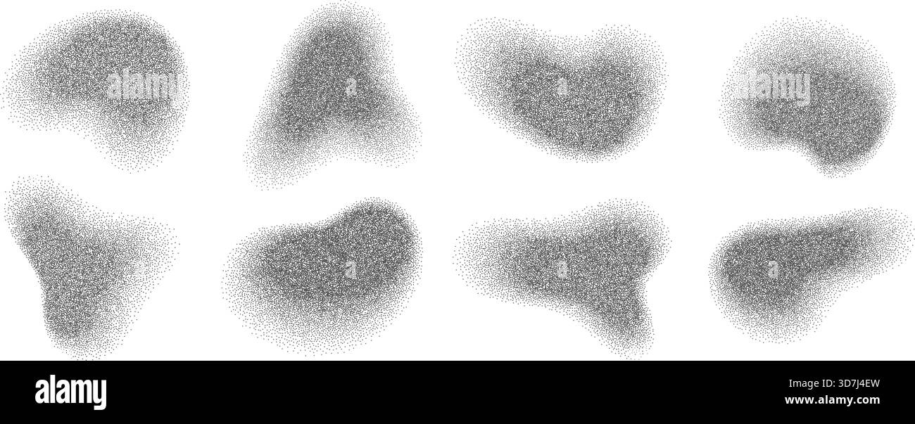 Stippled irregular shapes noise grain effect gradient texture set. Stock Vector