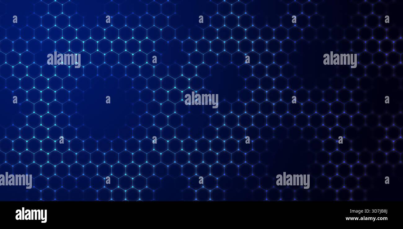 Dark blue background with glowing futuristic, high-tech hexagonal mesh pattern. Digital network grid features bright blue nodes symbolizing technology Stock Photo