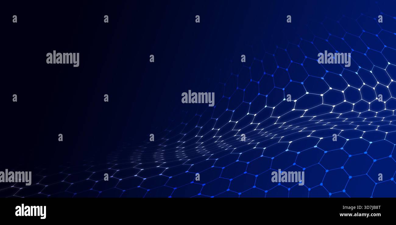 dynamic, dark blue background featuring futuristic undulating white and blue hexagonal mesh or wave. Digital pattern suggests data flow connectivity a Stock Photo